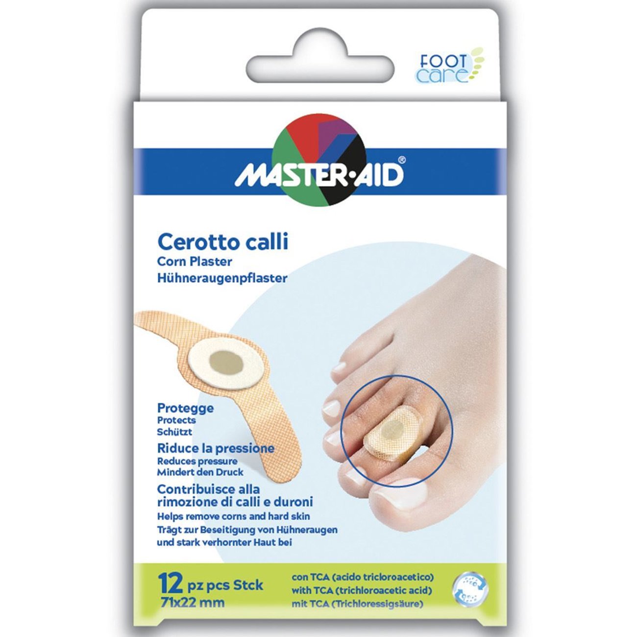 Master Aid Cerotto Calli Corn Plaster 71x22 mm Αφαιρετικά Επιθέματα με Τριχλωροξικό Οξύ για την Αφαίρεση Κάλων & Σκληρύνσεων 12 Τεμάχια