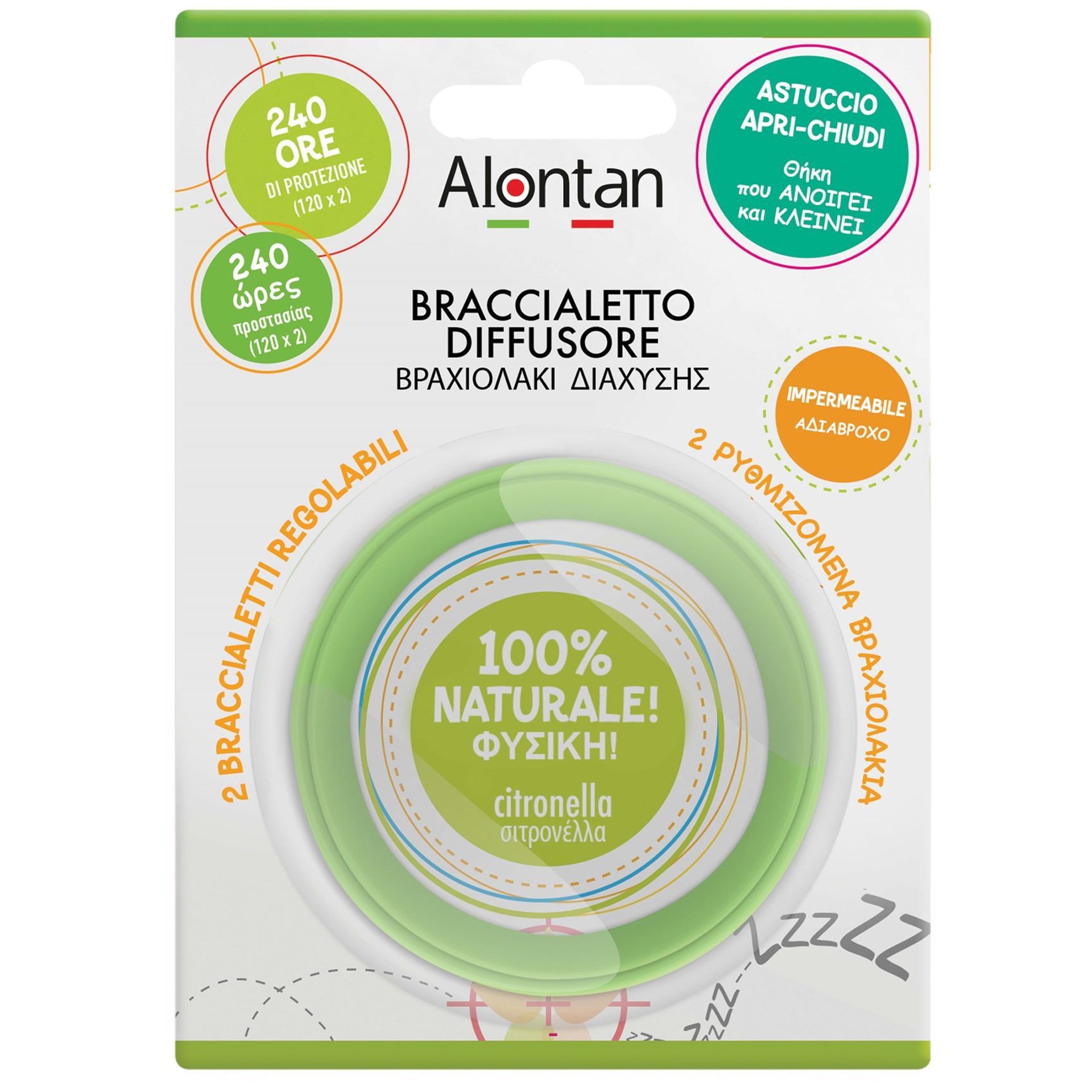 Alontan Natural Braccialetto Diffusore 8032956144721 Εμποτισμένο Βραχιολάκι Διάχυσης με Αιθέριο Έλαιο Σιτρονέλλας για Προστασία Από τα Κουνούπια 2 Τεμάχια – Πράσινο