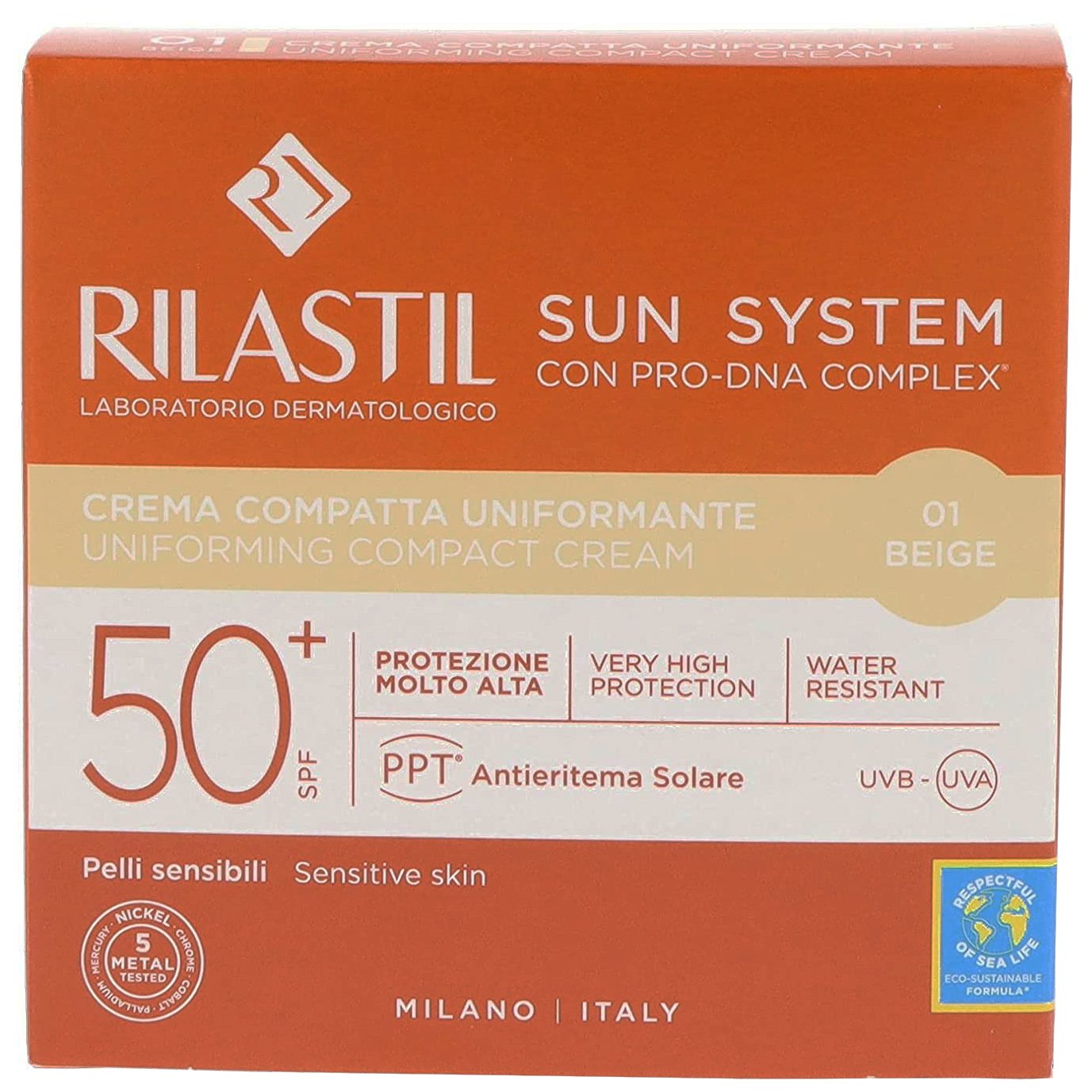 Rilastil Sun System Uniforming Compact Cream Spf50+, Αντηλιακή Κρέμα Προσώπου Πολύ Υψηλής Προστασίας με Χρώμα για Ομοιόμορφη Κάλυψη 10g – 01 Beige