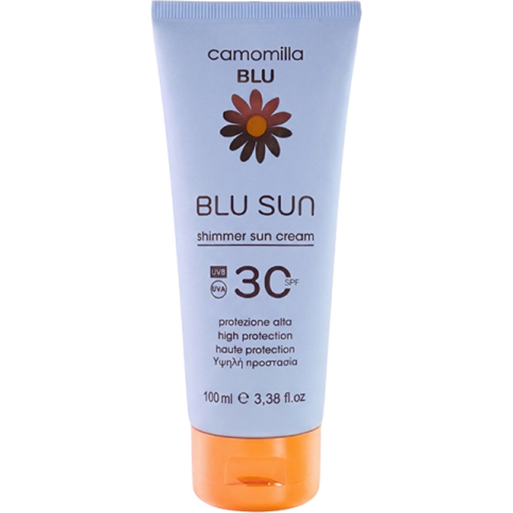 Camomilla Blu Glow Effect Spf30 Shimmer Sun Cream Αντηλιακή Κρέμα Σώματος Υψηλής Προστασίας με Χρυσό Shimmer που Αναδεικνύει Φυσικά το Μαύρισμα & Χαρίζει Άμεση Λάμψη 100ml