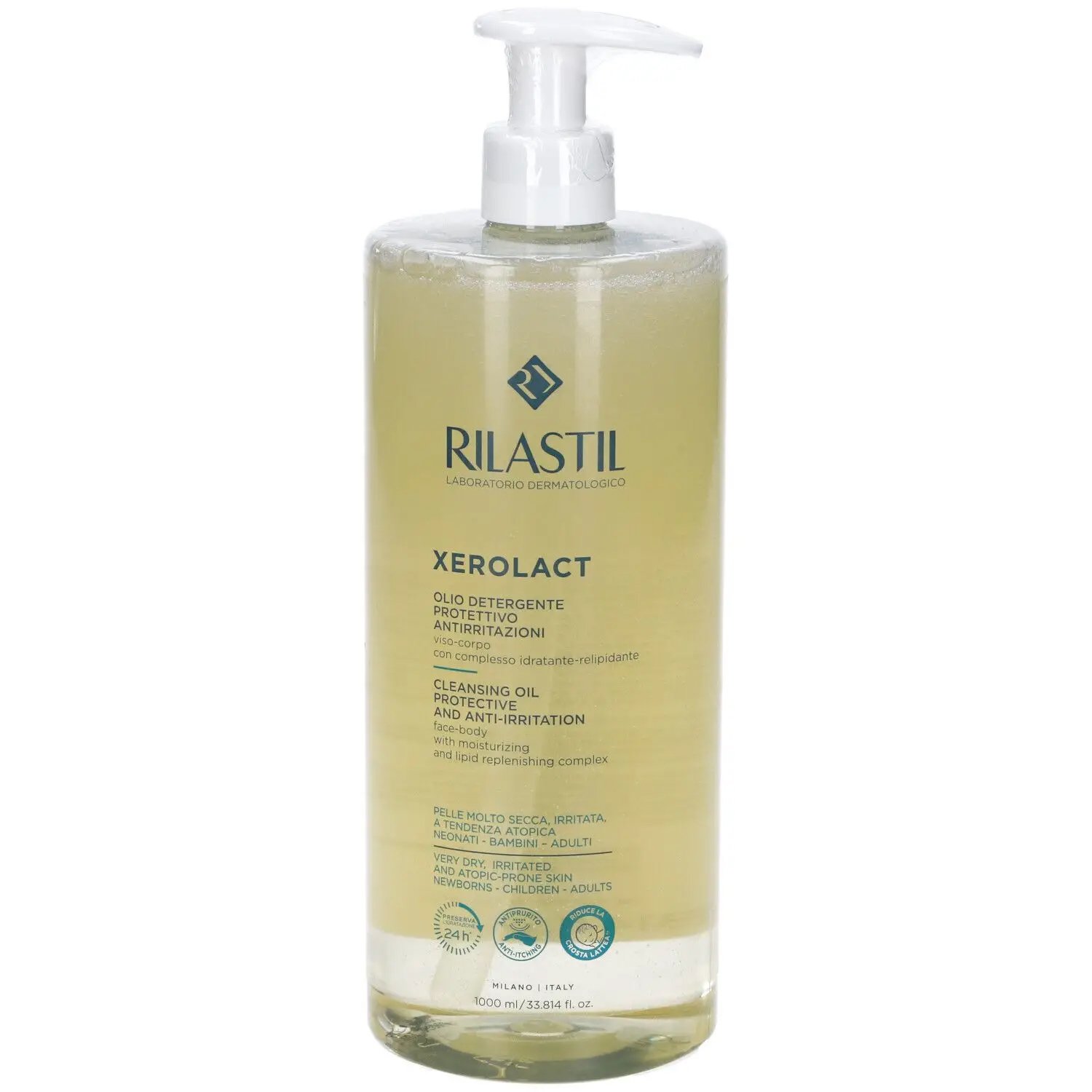 Rilastil Xerolact Protective & Anti-Irritation Cleansing Oil Ελαιώδες Καθαριστικό Προσώπου & Σώματος Αναπλήρωσης Λιπιδίων για Πολύ Ξηρές, Ευαίσθητες Επιδερμίδες με Τάση Ατοπίας, με Αντλία 1Lt