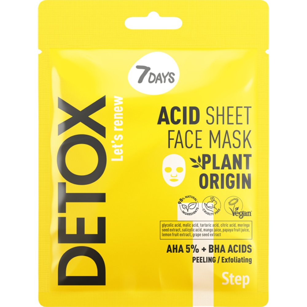 7DAYS 7DAYS Detox AHA (5%) + BHA Step 1 Face Sheet Mask Μάσκα Προσώπου για Αποτοξίνωση με Μείγμα από BHA & AHA Οξέα για Βαθιά Απολέπιση, Απόφραξη Πόρων & Τόνωση της Επιδερμίδας Αποκαθιστώντας τη Φωτεινότητά της 25g
