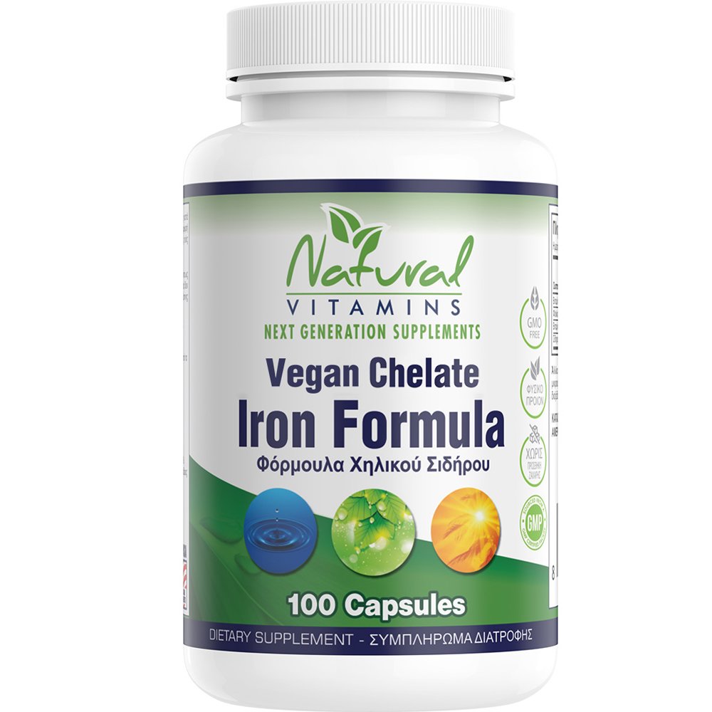 Natural Vitamins Natural Vitamins Vegan Iron Chelate Formula Συμπλήρωμα Διατροφής Φόρμουλας Χηλικού Σιδήρου για Αυστηρά Χορτοφάγους για την Υποστήριξη του Αιμοποιητικού Συστήματος, Αντιμετώπιση της Αναιμίας & Κατά της Κόπωσης 100caps