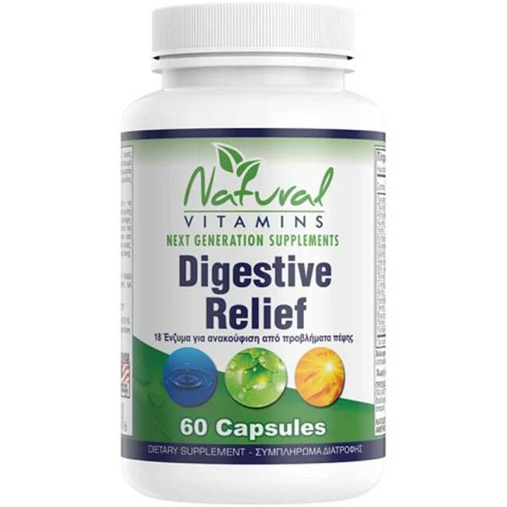 Natural Vitamins Digestive Relief Συμπλήρωμα Διατροφής 18 Πεπτικών Ενζύμων για Υποστήριξη της Πέψης & Αντιμετώπιση του Φουσκώματος 60caps