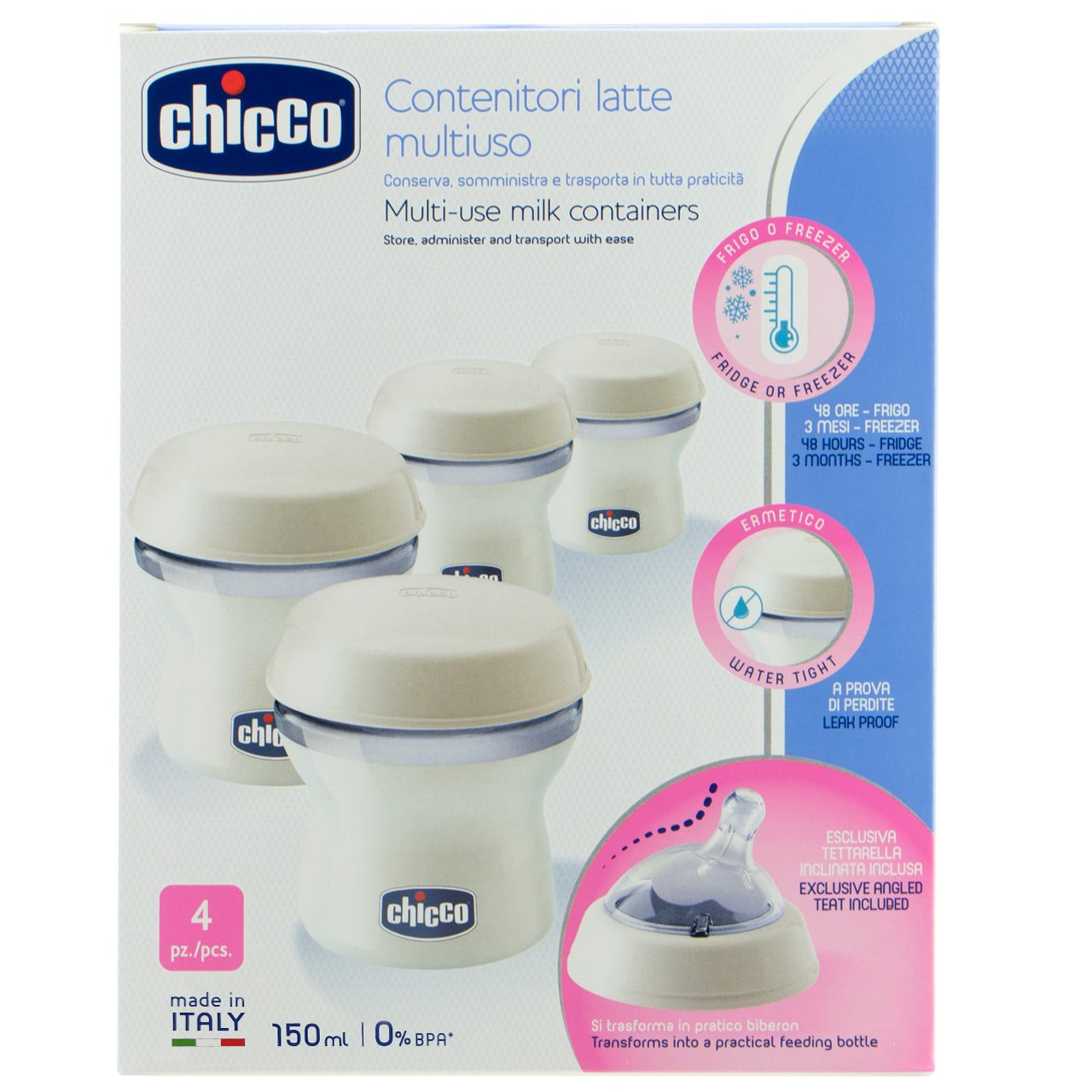 Chicco Multi-Use Milk Containers 4x150ml,Δοχεία Διατήρησης Γάλακτος Πολλαπλής Χρήσης