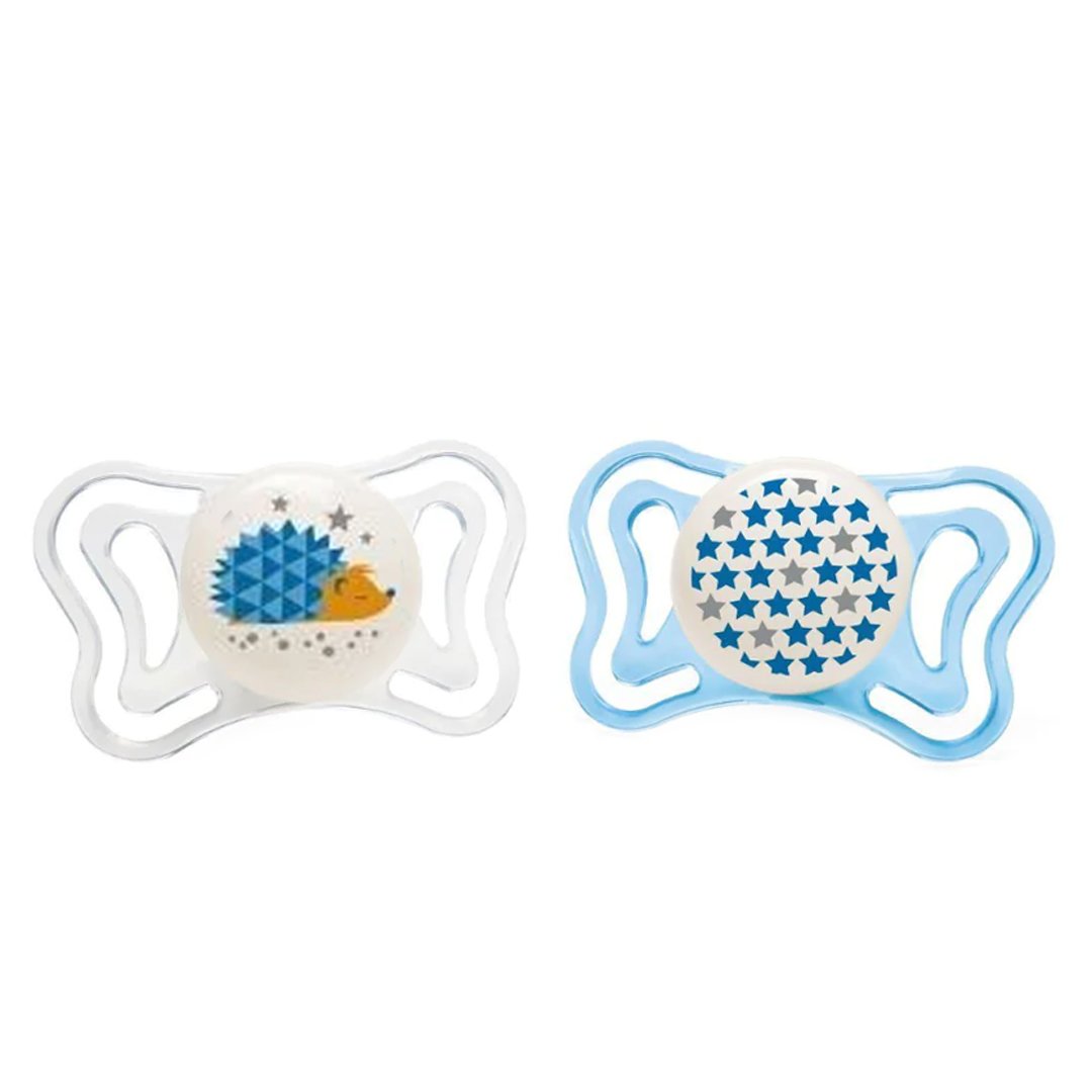 Chicco Silicone Soother Physio Forma Light 16-36m Πιπίλα Σιλικόνης που Λάμπει στο Σκοτάδι από 16 Έως 36 Μηνών 2 Τεμάχια – Διάφανο/ Μπλε