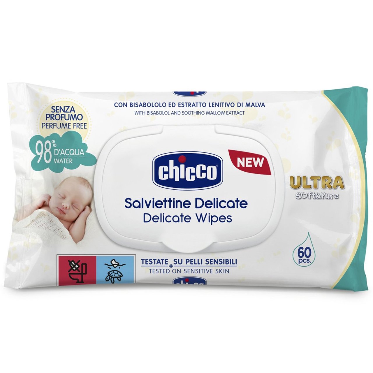 Chicco Ultra-Soft Μωρομάντηλα με Καπάκι 60 Τεμάχια,Διπλής Δράσης για Απαλό & Αποτελεσματικό Καθαρισμό