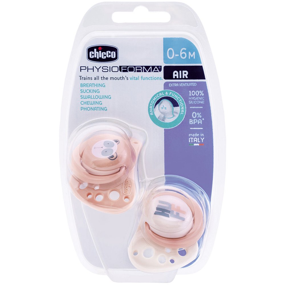 Chicco Silicone Soother Physio Forma Air 0-6m Ελαφριά Πιπίλα Σιλικόνης για Βρέφη από 0 έως 6 Μηνών 2 Τεμάχια - Σάπιο Μήλο / Μπεζ