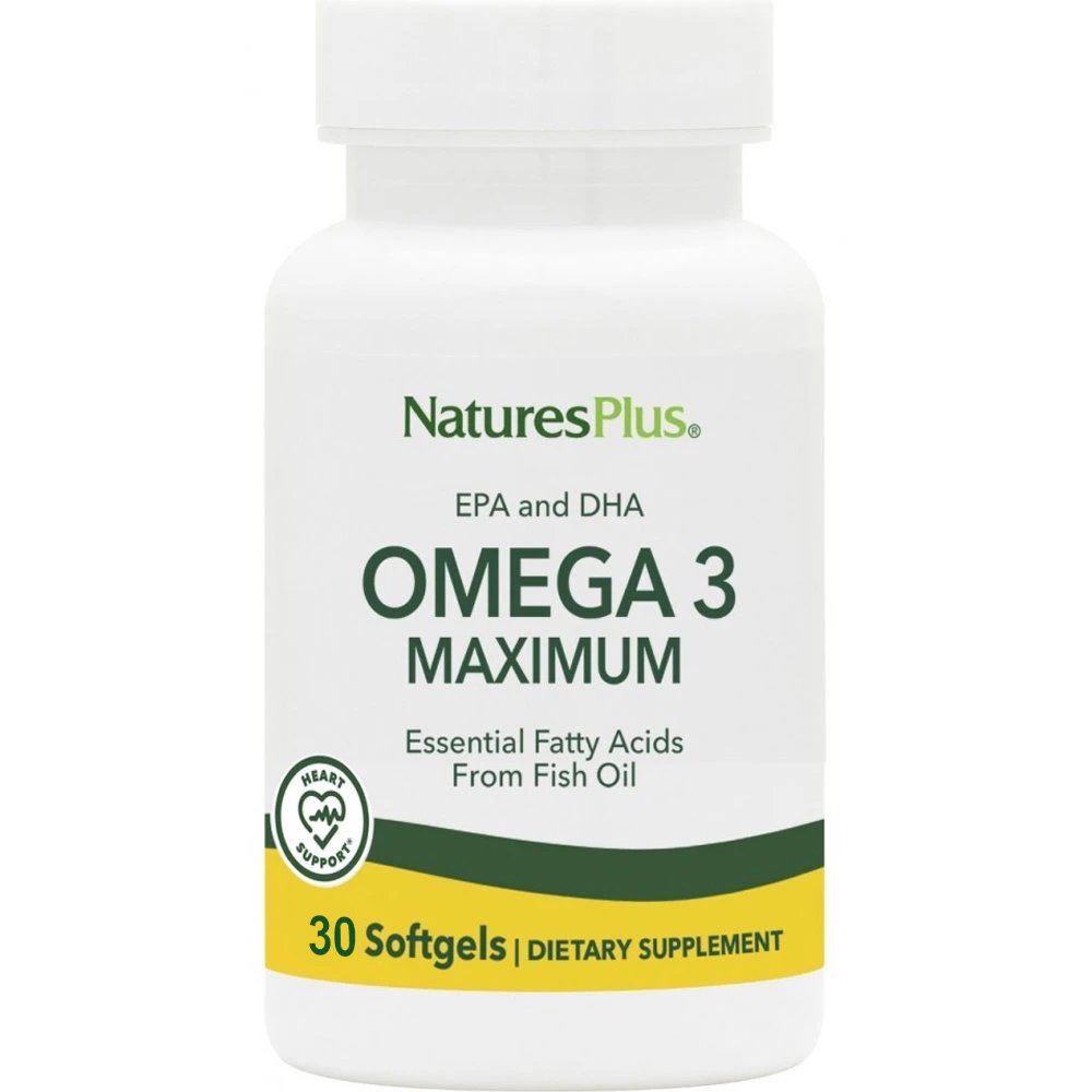 Natures Plus Natures Plus Omega 3 Maximum EPA & DHA Συμπλήρωμα Διατροφής Ιχθυελαίου Πλούσιο σε Ωμέγα 3 Λιπαρά Οξέα για τη Φυσιολογική Λειτουργία της Καρδίας, Εγκεφάλου & Όρασης 30 Softgels