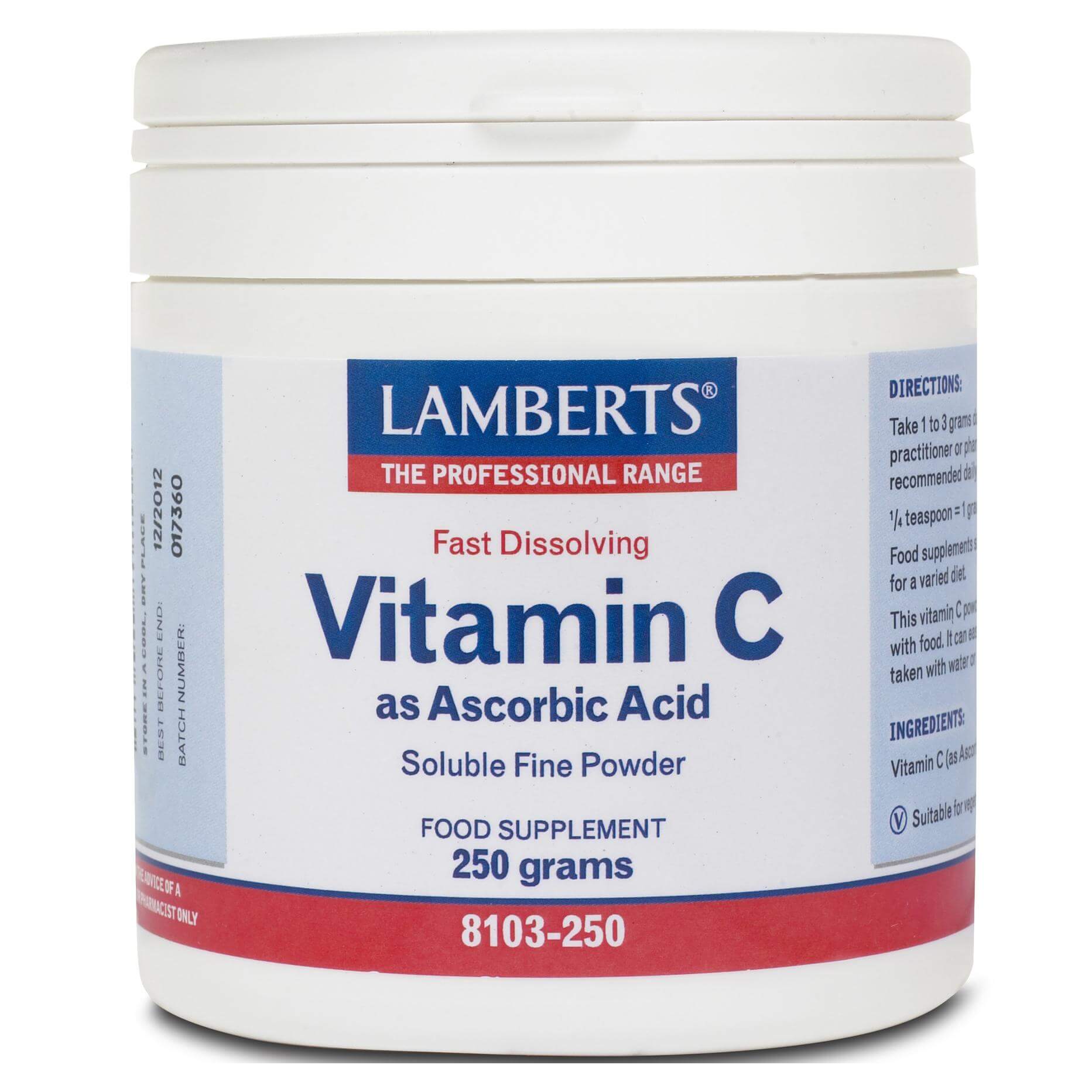 Lamberts Ascorbic Acid Συμπλήρωμα Διατροφής για τη Γρηγορότερη Απορρόφηση της Βιταμίνης C σε Σκόνη 250gr