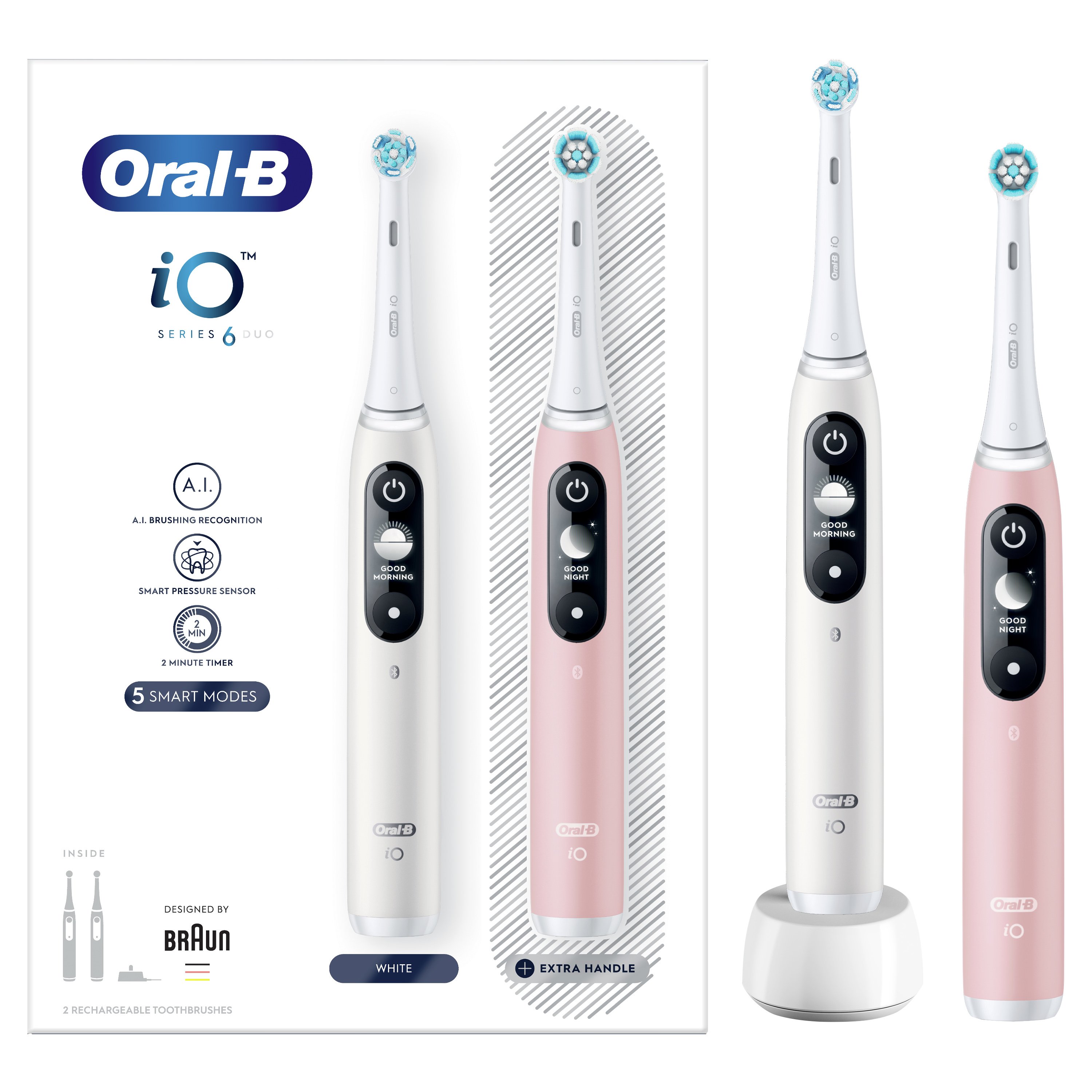 Oral-B iO Series 6 Duo Magnetic White & Pink Ηλεκτρική Οδοντόβουρτσα Προηγμένης Τεχνολογίας 2 Τεμάχια
