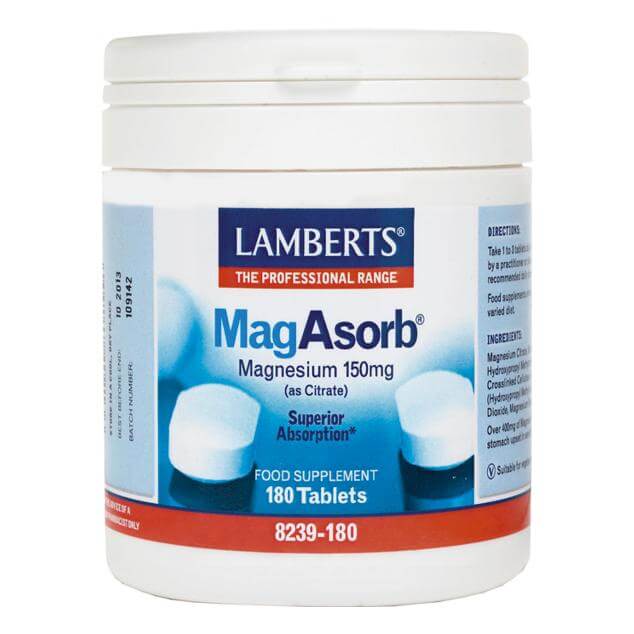 MagAsorb – Lamberts,Συμπλήρωμα Διατροφής για την Ανάπτυξη των Οστών & τη Σωστή Λειτουργία Νευρικού Συστήματος & Μυών – 180 tabs