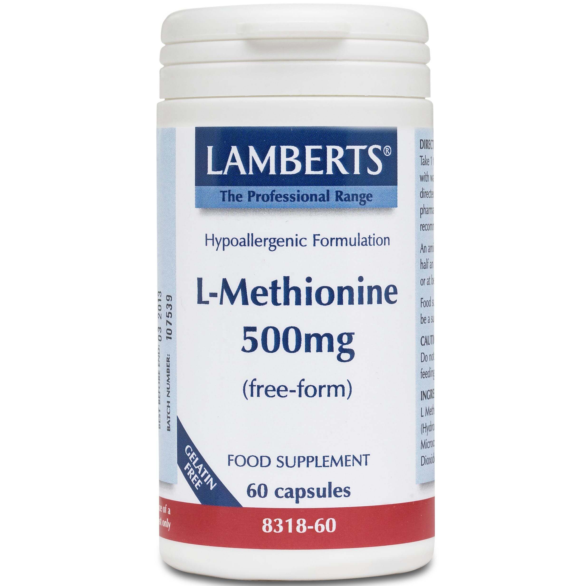 Lamberts L-Methionine Συμπλήρωμα Διατροφής με Αμινοξύ για την Ανάπτυξη και την Επιδιόρθωση των Ιστών 500mg 60caps