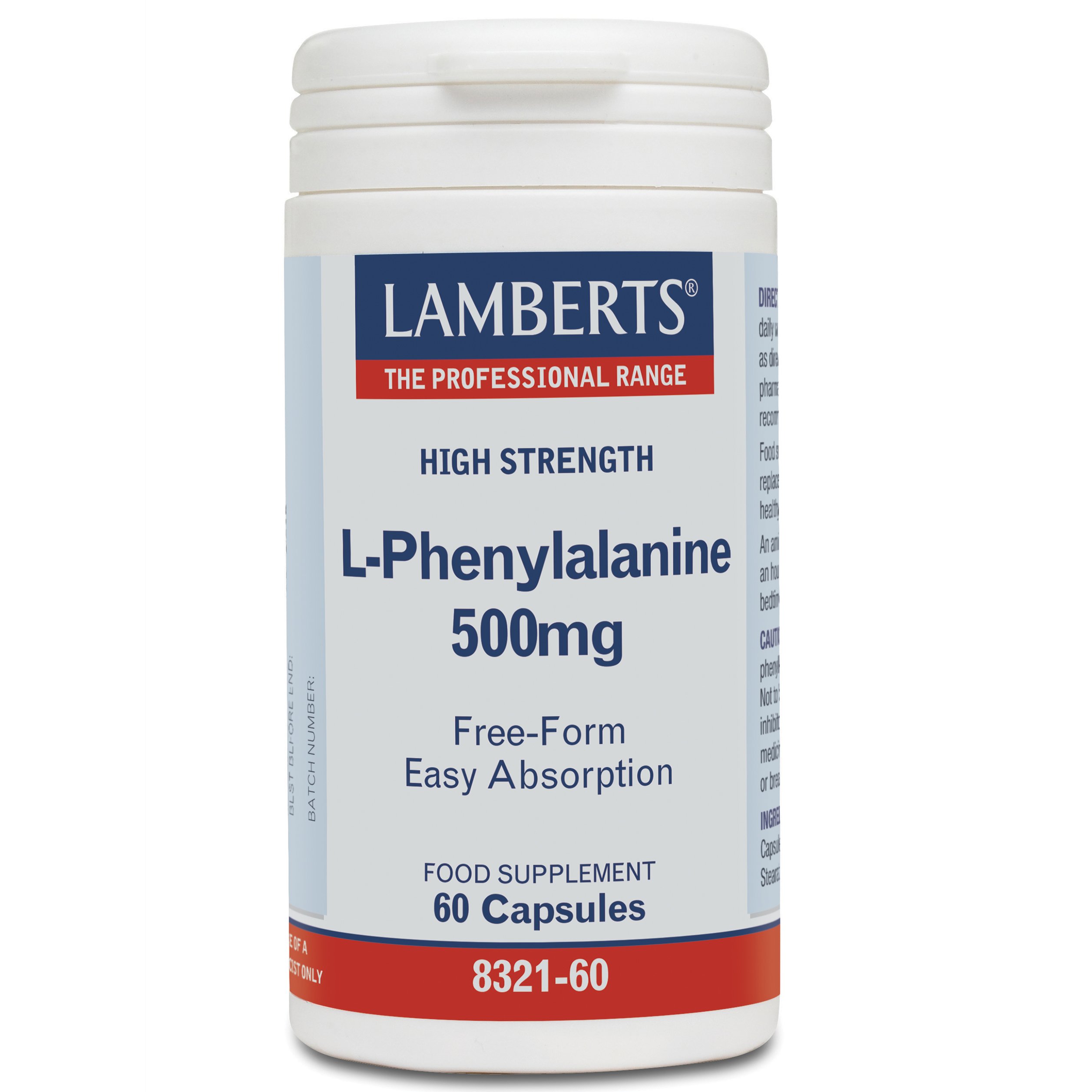 Lamberts L-Phenylalanine Συμπλήρωμα Διατροφής για Εγρήγορση, Διατήρηση της Μνήμης και Συντονισμό των Μυϊκών Κινήσεων 500mg 60caps