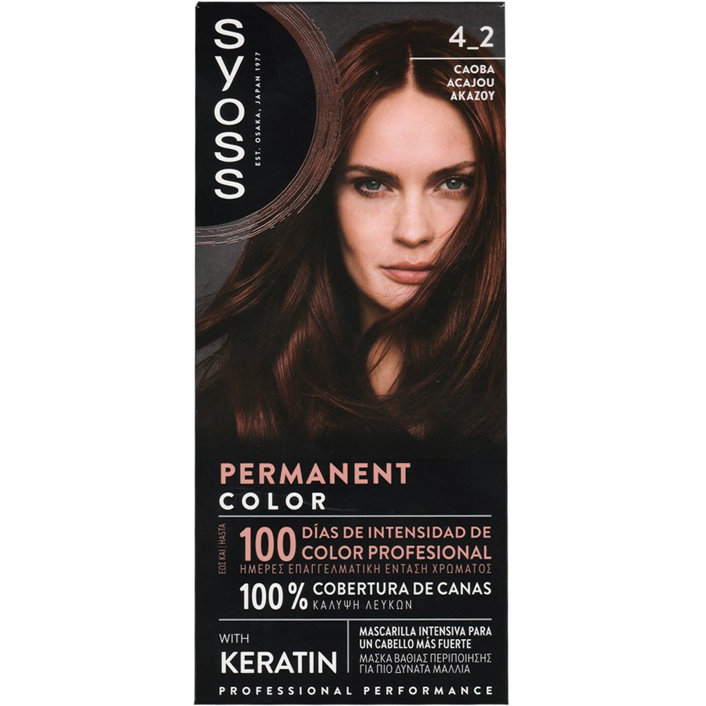Syoss Permanent Hair Color Kit Μόνιμη Βαφή Μαλλιών με Κερατίνη για την Κάλυψη των Λευκών 1 Τεμάχιο - 4-2 Ακαζού