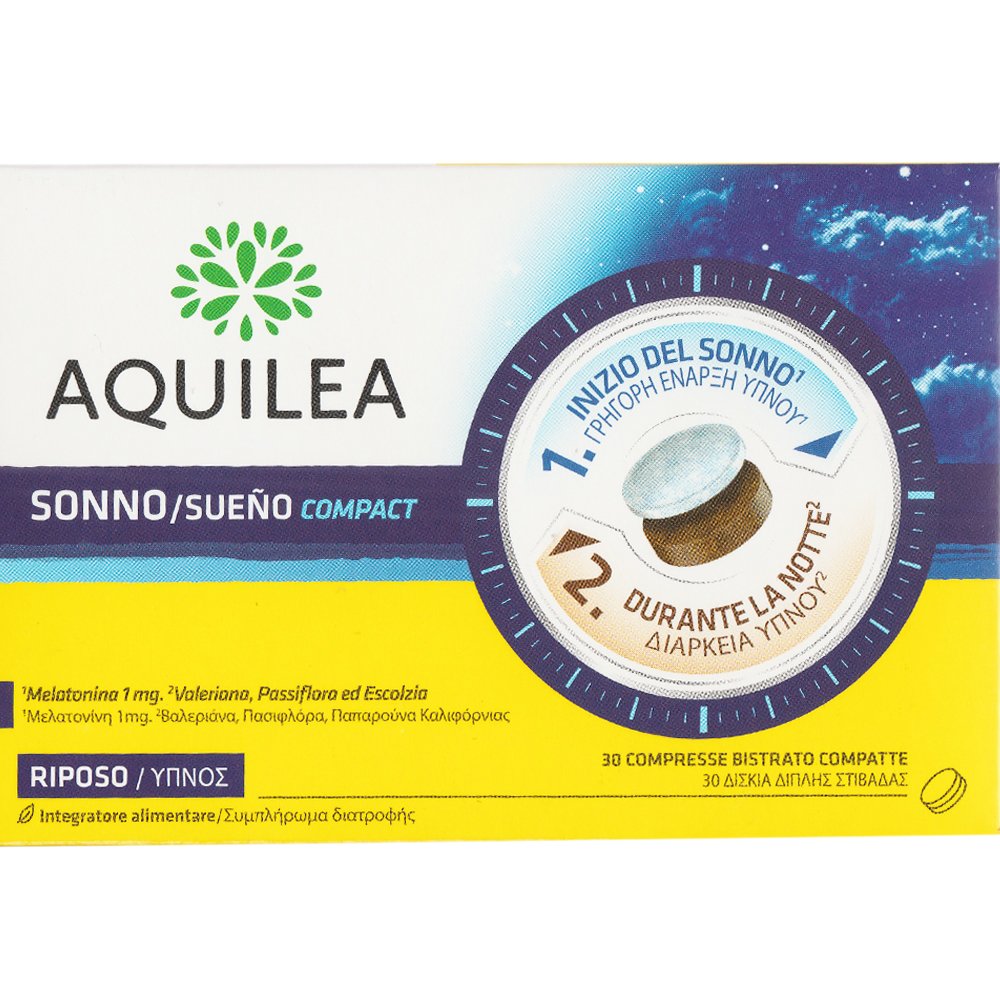 Uriach Aquilea Sueno Compact Συμπλήρωμα Διατροφής με Μελατονίνη & Εκχυλίσματα Βαλεριάνας, Πασιφλόρας & Παπαρούνας της Καλιφόρνιας, για Γρήγορη Έναρξη & Μεγαλύτερη Διάρκεια του Ύπνου 30tabs