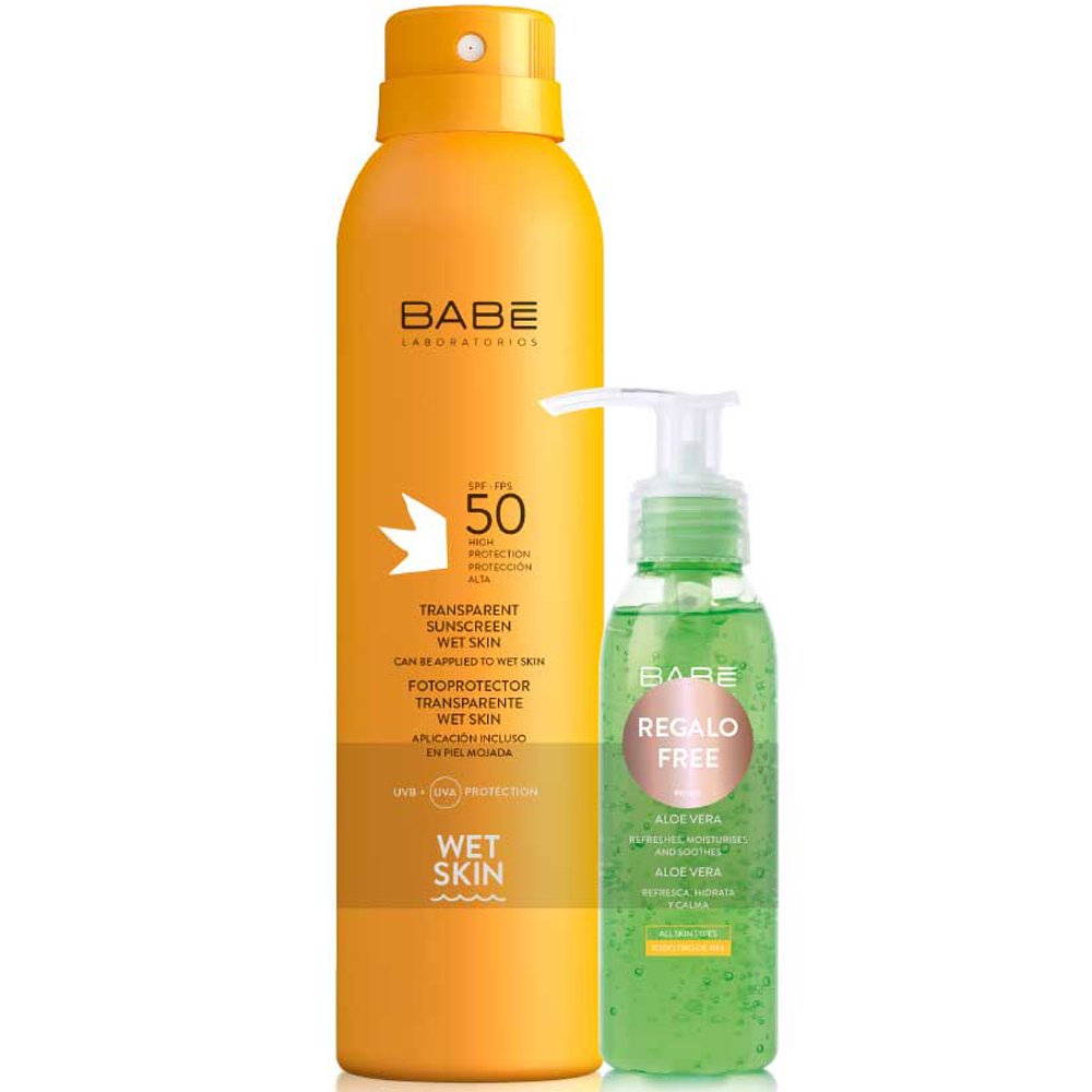 Babe Πακέτο Προσφοράς Sun Transparent Body Sunscreen Spf50 Wet Skin Διάφανο, Αδιάβροχο Spray Σώματος Υψηλής Αντηλιακής Προστασίας 200ml & Δώρο 100% μη Λιπαρό Gel Αλόης 90ml