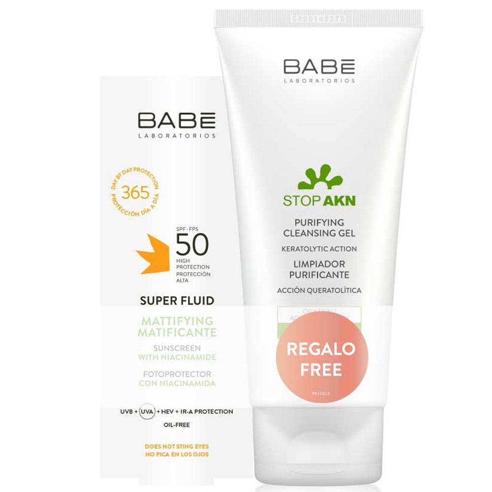 Babe Πακέτο Προσφοράς Super Fluid Mattifying Spf50 Λεπτόρρευστη Ματ Αντηλιακή Κρέμα Προσώπου Υψηλής Προστασίας, 50ml & Δώρο Stop Akn Απαλό Gel Καθαρισμού Προσώπου 100ml