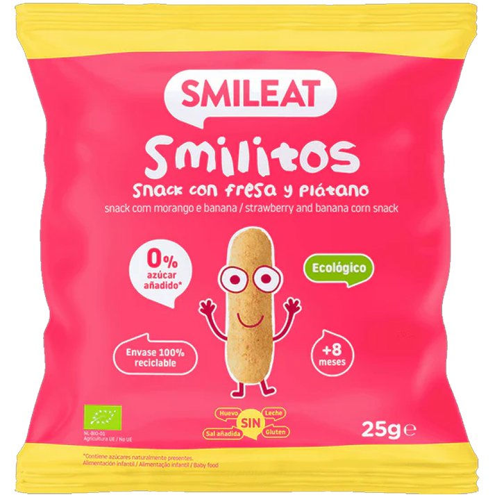 Smileat Organic Smilitos Strawberry & Banana Corn Snack 8m+ Βιολογικό Βρεφικό Σνακ Καλαμποκιού με Γεύση Φράουλα & Μπανάνα Χωρίς Γλουτένη από τον 8ο Μήνα 25g