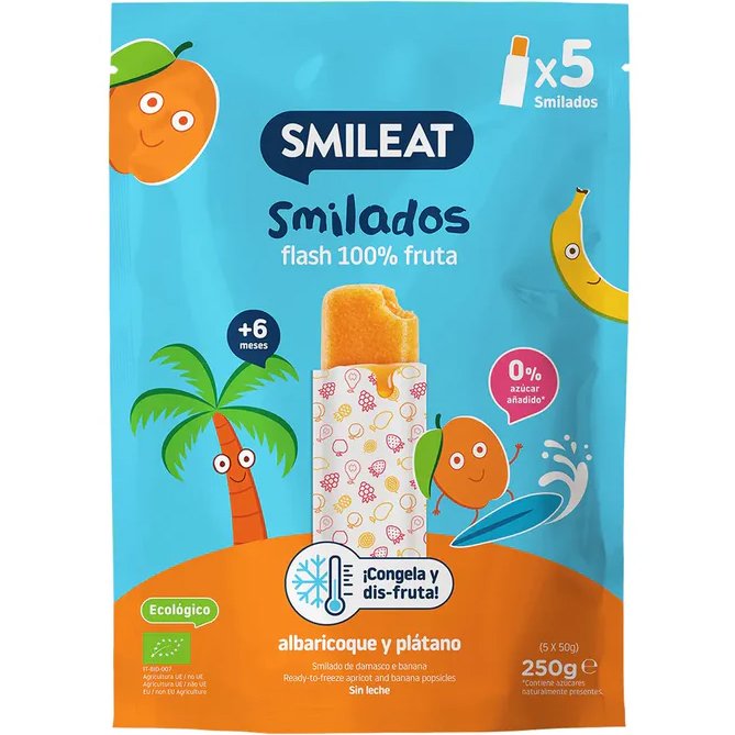 Smileat Organic Smilado Apricot & Banana 6m+ Βρεφικές Γρανίτες από 100% Βιολογικό Πολτό Φρούτων, Βερίκοκο & Μπανάνα, Χωρίς Γλουτένη από τον 6ο Μήνα 250g (5 x 50g)