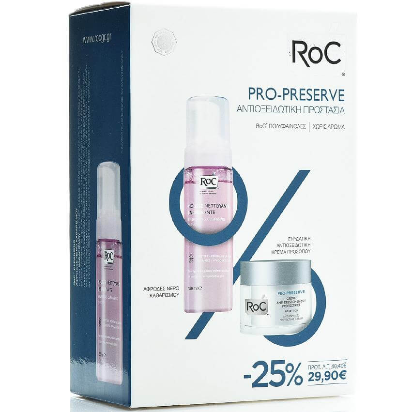 Roc Pro-Preserve Anti-Dryness Protecting Ενυδατική Κρέμα Πλούσιας Υφής 50ml & Mousse Nettoyant Νερό Καθαρισμού 150ml Promo-25%