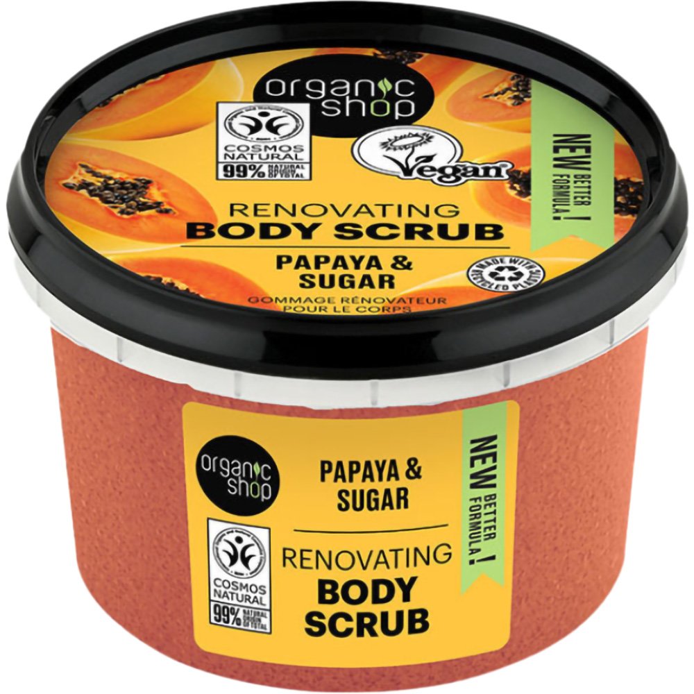 Organic Shop Renovating Body Scrub with Papaya & Sugar Απολεπιστικό Σώματος με Μάνγκο & Ζάχαρη για Καθαρισμό - Αναζοωγόνηση της Επιδερμίδας 250ml