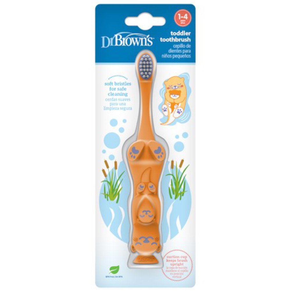 Dr Brown's Toddler 1-4 Years Toothbrush Βρεφική Οδοντόβουρτσα με Μαλακές Τρίχες για Ευαίσθητα Ούλα & Βάση με Βεντούζα για Αποθήκευση 1 Τεμάχιο - Πορτοκαλί Βίδρα