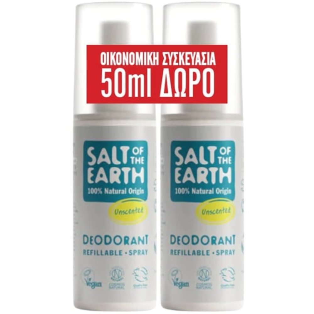 Salt of the Earth Promo Unscented Spray Deodorant Αποσμητικό Σπρέι Φυσικής Προέλευσης Χωρίς Άρωμα 200ml (2x100ml)