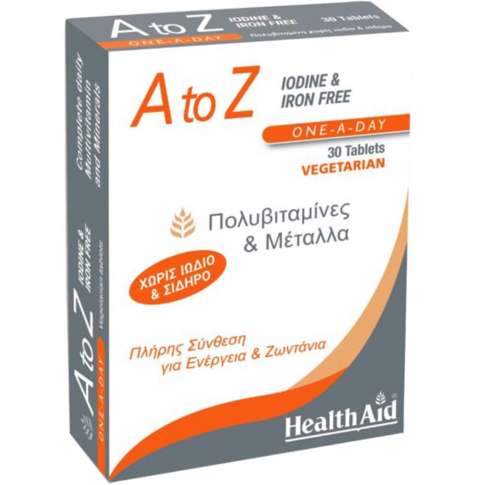 Health Aid Health Aid A to Z Iodine & Iron Free Συμπλήρωμα Διατροφής με Πολυβιταμίνες & Μέταλλα Χωρίς Σίδηρο & Ιώδιο για Ενέργεια, Τόνωση & Ισχυρό Ανοσοποιητικό 30tabs