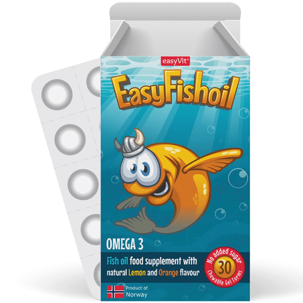 EasyVit EasyFishoil Omega 3 Παιδικό Συμπλήρωμα Διατροφής με Ωμέγα 3 για τη Φυσιολογική Λειτουργία του Εγκεφάλου & της Όρασης, Γεύση Λεμόνι & Πορτοκάλι 30 Ζελεδάκια