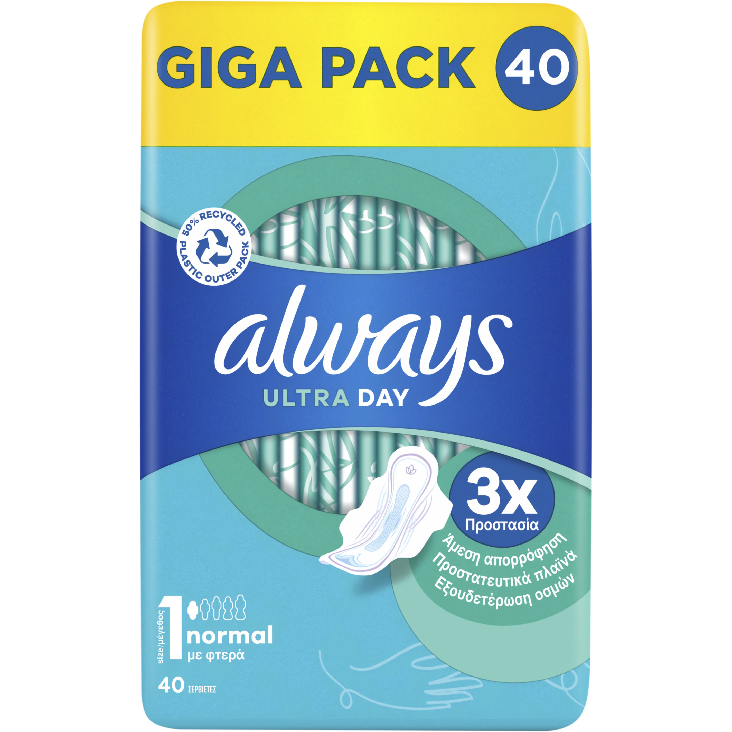 Always Giga Pack Ultra Normal Sanitary Towels with Wings Size 1 Σερβιέτες με Φτερά Κανονικού Μεγέθους για Άμεση Απορρόφηση & Εξουδετέρωση Οσμών 40 Τεμάχια