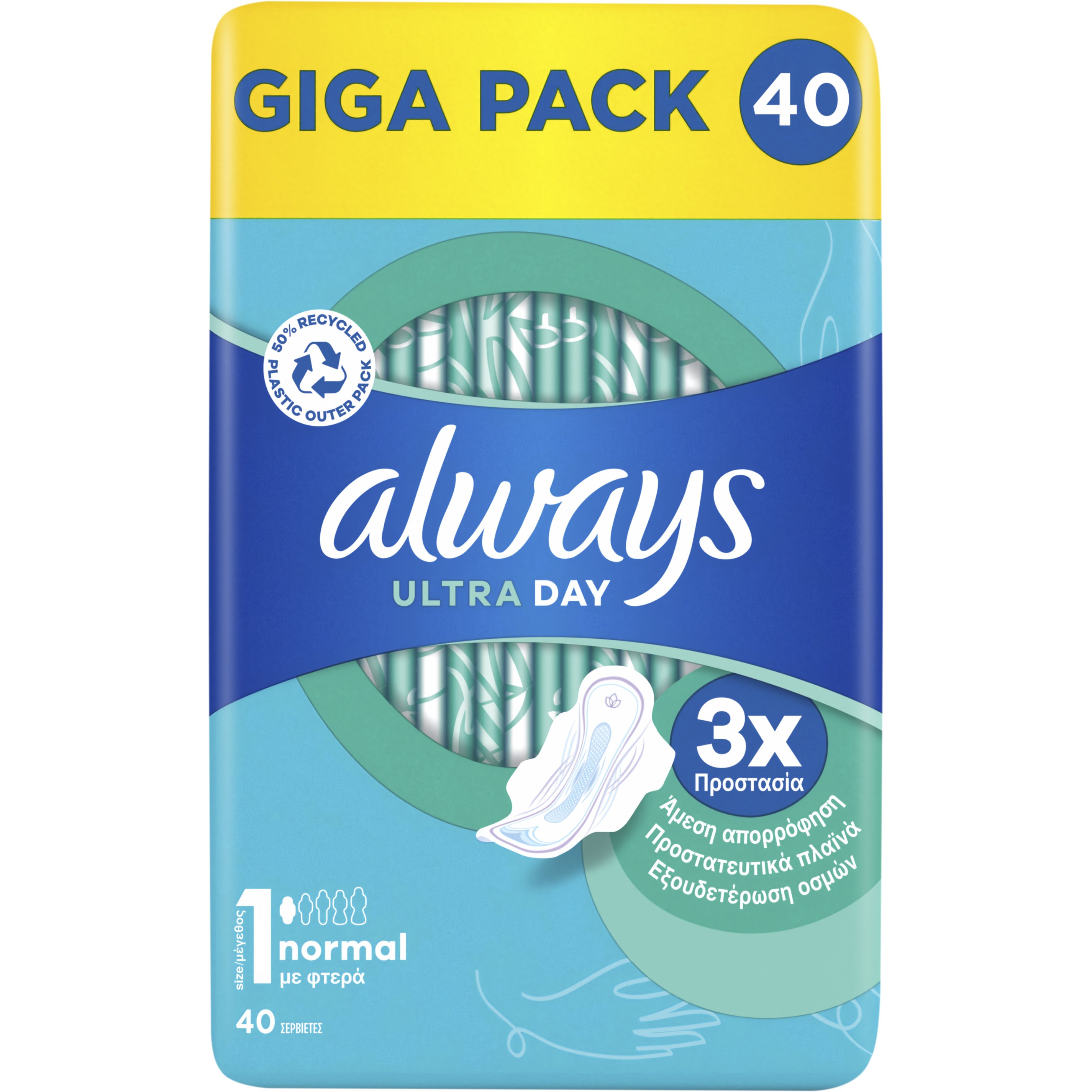 Always Giga Pack Ultra Normal Sanitary Towels with Wings Size 1 Σερβιέτες με Φτερά Κανονικού Μεγέθους για Άμεση Απορρόφηση & Εξουδετέρωση Οσμών 40 Τεμάχια