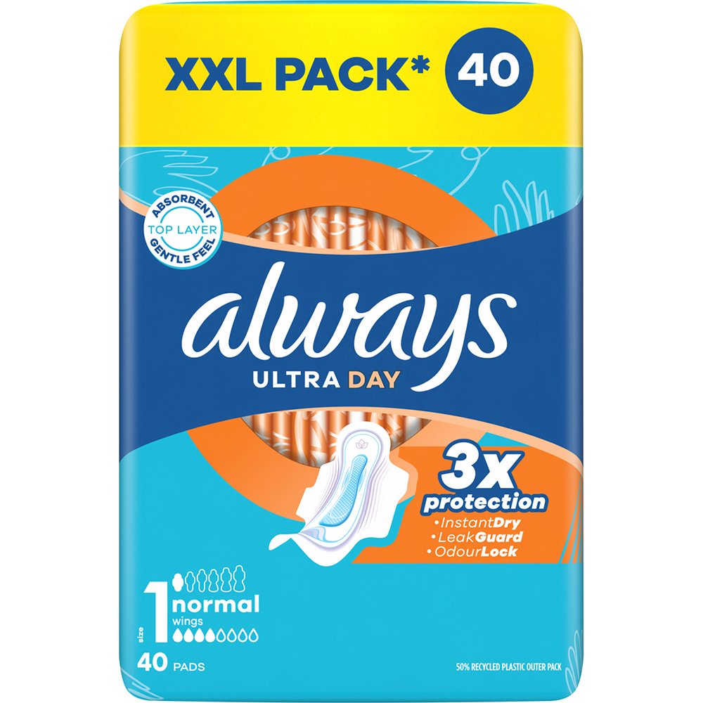 Always Ultra Day Normal Size 1 Sanitary Towels with Wings XXL Pack Σερβιέτες με Φτερά Κανονικού Μεγέθους για Άμεση Απορρόφηση & Εξουδετέρωση Οσμών Κατά τη Διάρκεια της Μέρας 40 Τεμάχια