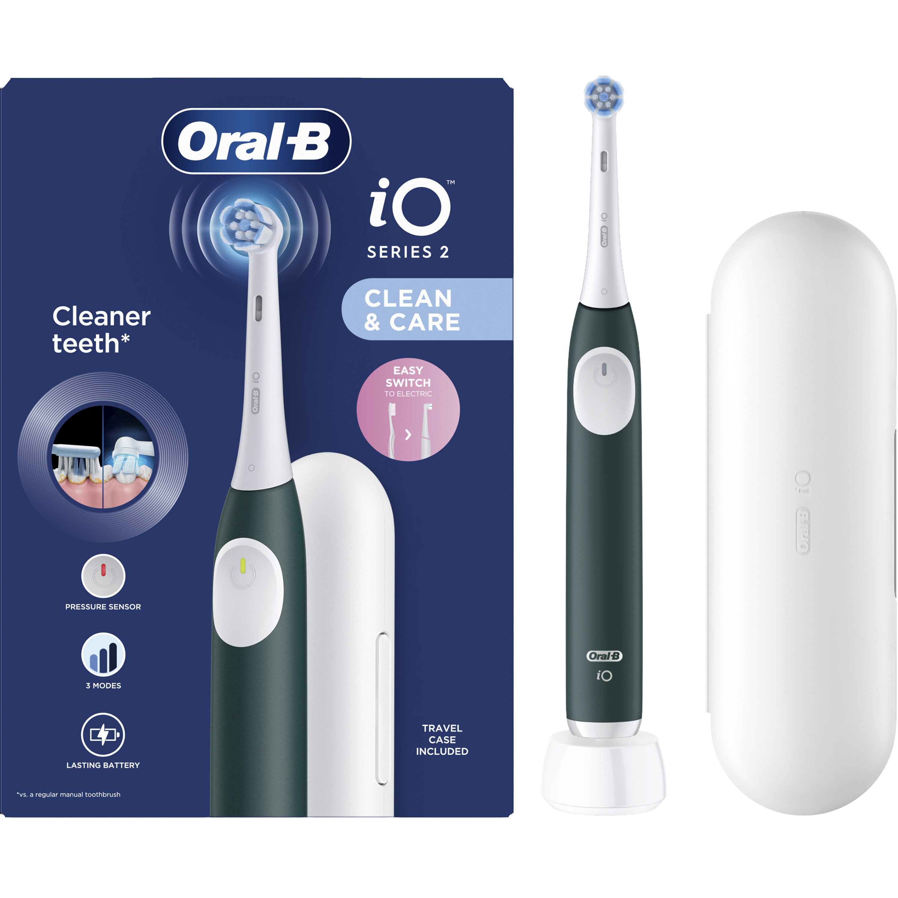 Oral-B Oral-B iO Series 2 Clean & Care Electric Toothbrush with Travel Case Ηλεκτρική Οδοντόβουρτσα με 3 Προγράμματα Καθαρισμού & Αισθητήρα Πίεσης σε Σκούρο Πράσινο Χρώμα με Θήκη Μεταφοράς 1 Τεμάχιο - Dark Green