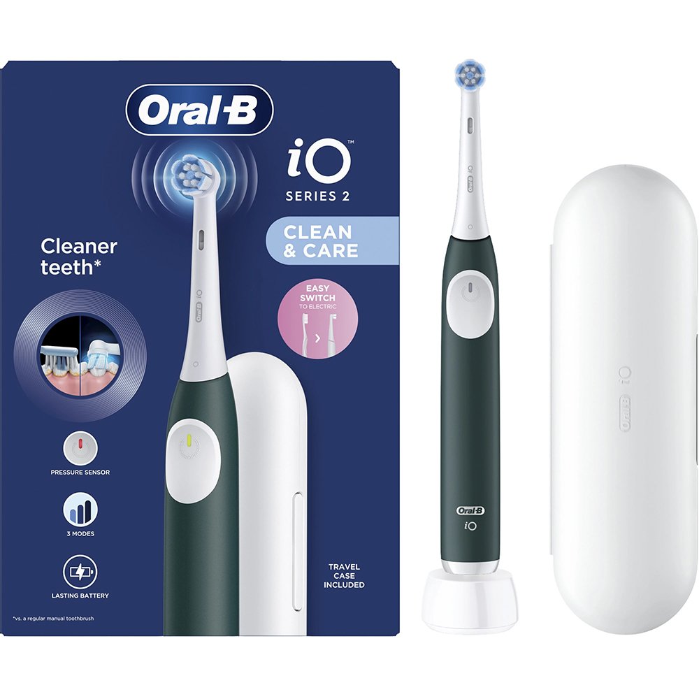 Oral-B Oral-B iO Series 2 Clean & Care Electric Toothbrush with Travel Case Ηλεκτρική Οδοντόβουρτσα με 3 Προγράμματα Καθαρισμού & Αισθητήρα Πίεσης σε Σκούρο Πράσινο Χρώμα με Θήκη Μεταφοράς 1 Τεμάχιο - Dark Green
