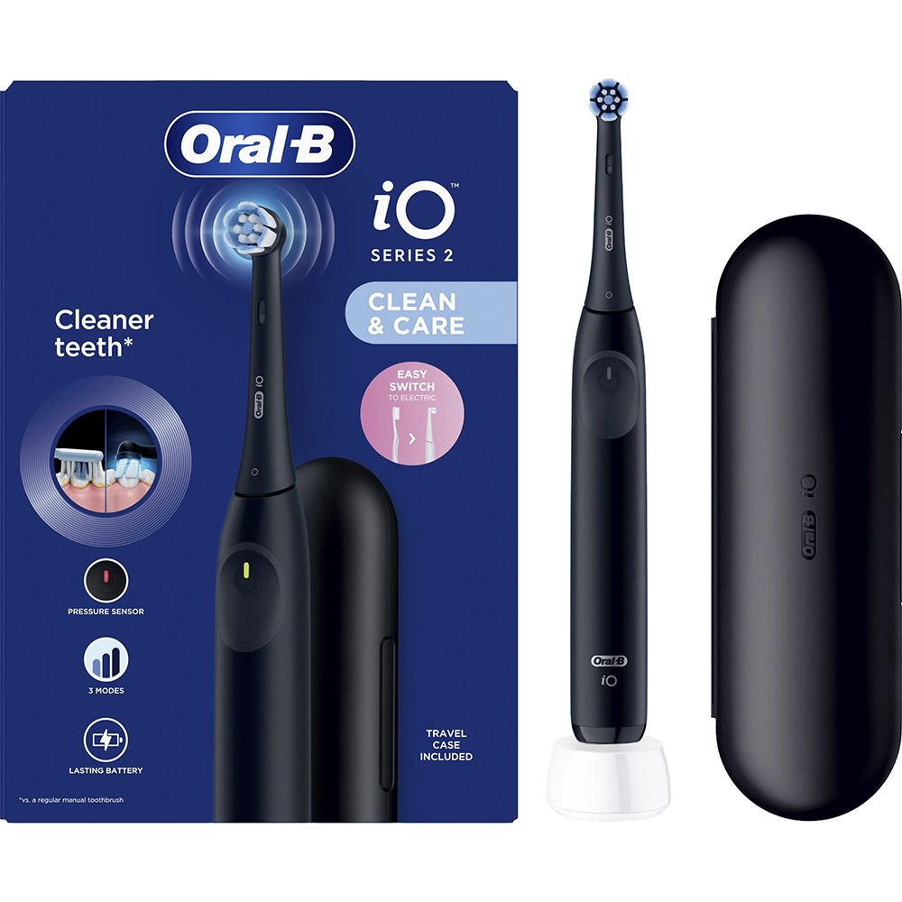 Oral-B Oral-B iO Series 2 Clean & Care Electric Toothbrush with Travel Case Ηλεκτρική Οδοντόβουρτσα με 3 Προγράμματα Καθαρισμού & Αισθητήρα Πίεσης σε Μαύρο Χρώμα με Θήκη Μεταφοράς 1 Τεμάχιο - Black
