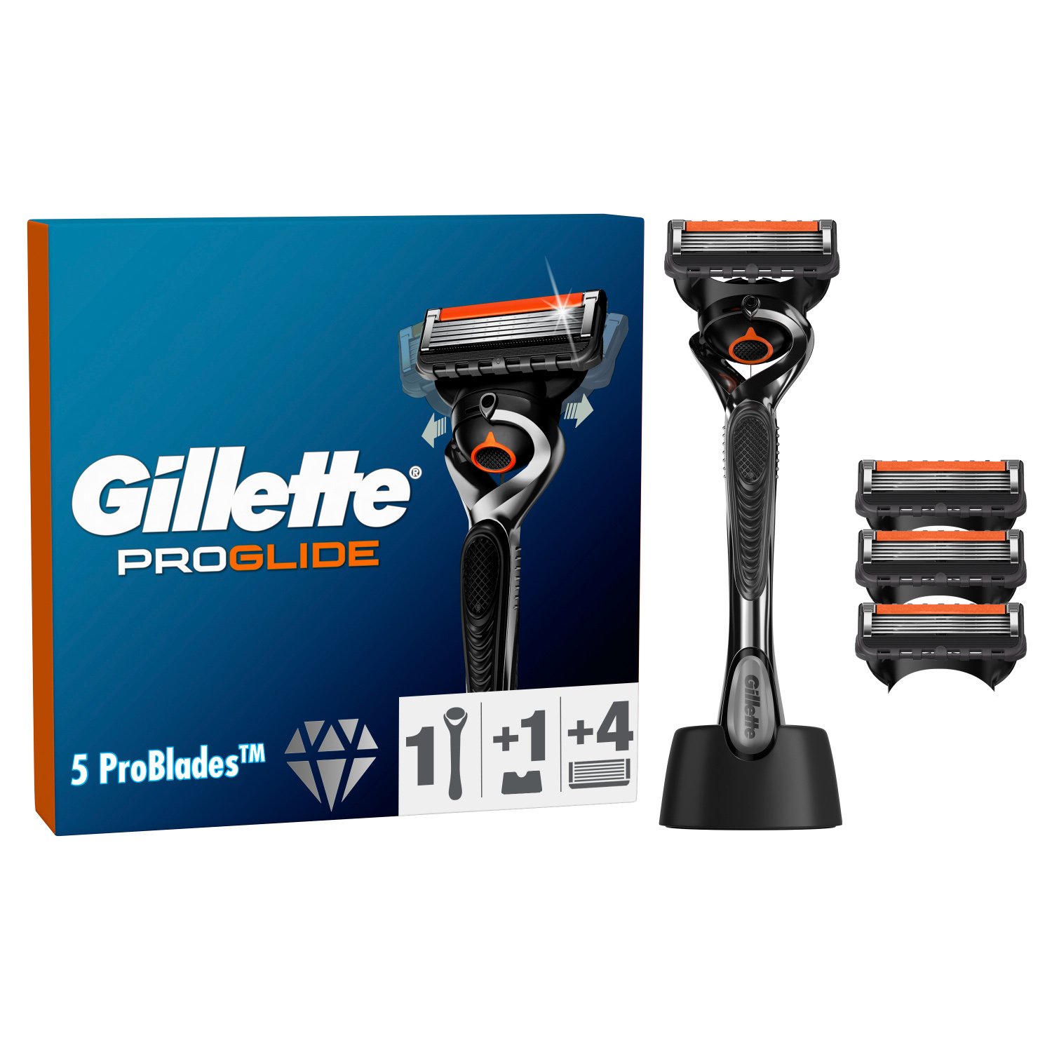 Gillette Gillette ProGlide Ξυριστική Μηχανή με 4 Ανταλλακτικά Ξυραφάκια 5 Λεπίδων Κατά της Τριβής για Απίστευτα Απαλό Ξύρισμα & Δώρο Βάση Στήριξης 1 Λαβή, 4 Ανταλλακτικά & Δώρο 1 Βάση Στήριξης