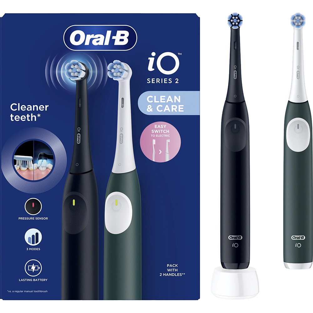 Oral-B Oral-B Promo iO Series 2 Clean & Care Electric Toothbrush Black & Dark Green Ηλεκτρική Οδοντόβουρτσα με 3 Προγράμματα Καθαρισμού & Αισθητήρα Πίεσης σε Μαύρο Χρώμα & Σκούρο Πράσινο 2 Τεμάχια