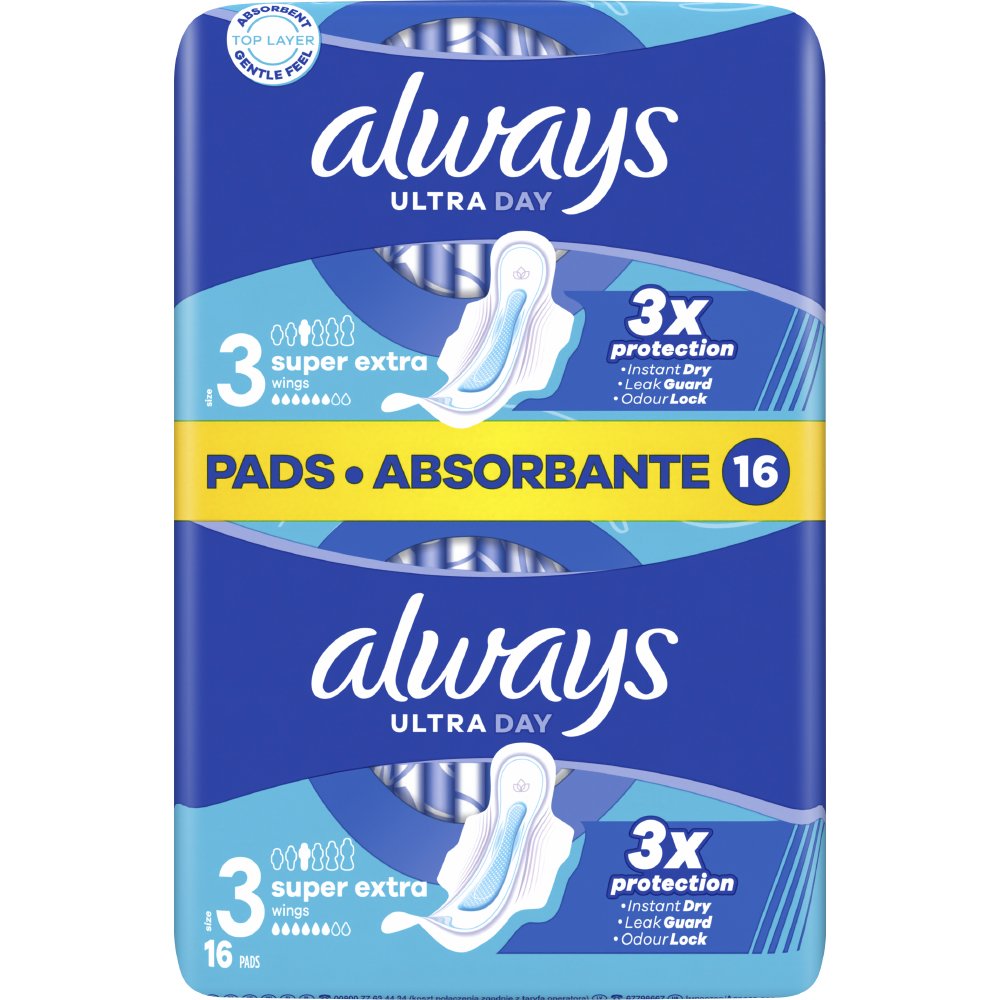 Always Ultra Day Super Extra Size 3 Wings Pads Σερβιέτες Μεγάλου Μεγέθους με Άρωμα για Εξουδετέρωση Οσμών για Άνεση & Προστασία Όλη τη Μέρα 16 Τεμάχια
