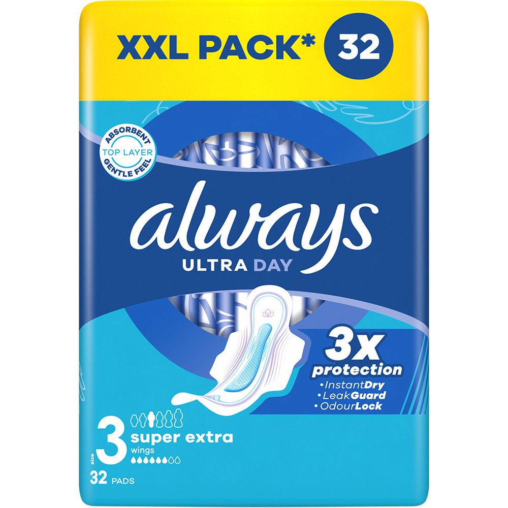 Always Always Ultra Day Super Extra Size 3 Wings Pads Σερβιέτες Μεγάλου Μεγέθους με Φτερά για Άνεση & Προστασία Όλη τη Μέρα 32 Τεμάχια