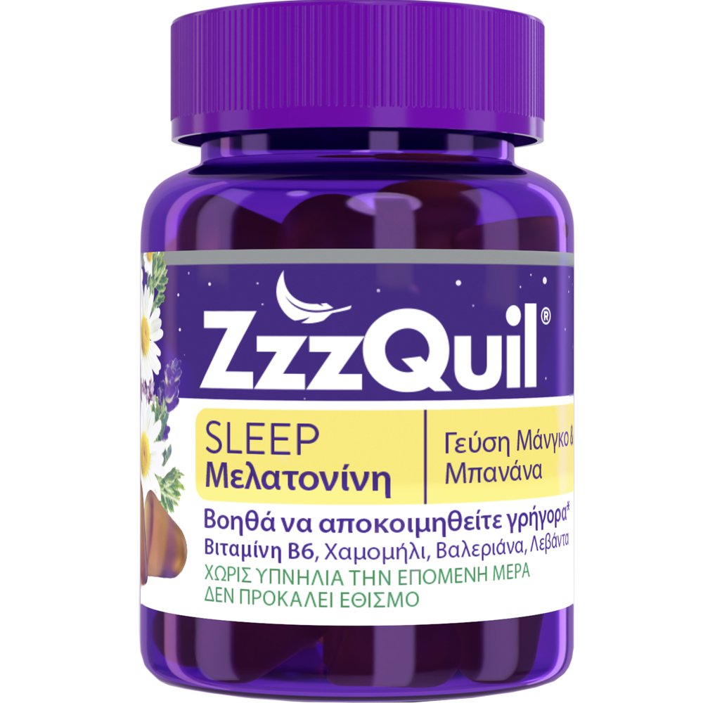 ZzzQuil ZzzQuil Sleep Melatonin Συμπλήρωμα Διατροφής Μελατονίνης, Βιταμίνης Β6 & Εκχυλίσματος Βοτάνων για Γρηγορότερο & Ποιοτικότερο Ύπνο με Γεύση Μάνγκο & Μπανάνα 30 Ζελεδάκια
