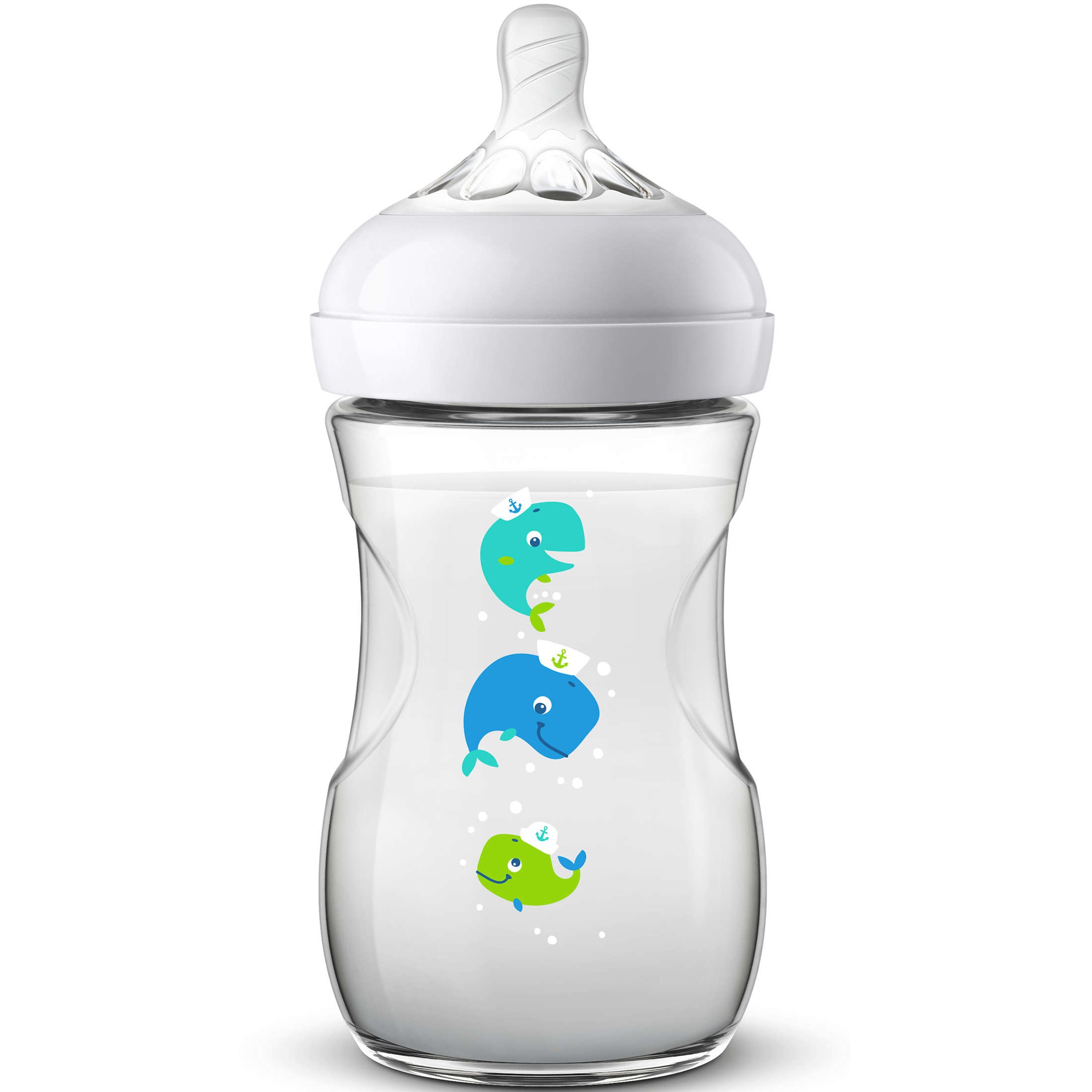 Avent Natural Μπιμπερό Πολυπροπυλένιου με Θηλή Σιλικόνης Αργής Ροής Λευκό -Φάλαινες 1m+, 260ml SCF070/23