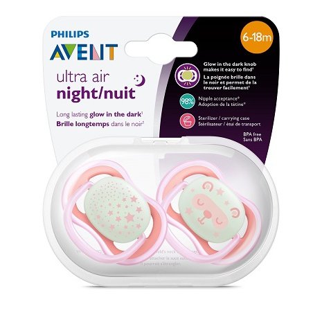 Avent Ultra Air Night Ορθοδοντική Πιπίλα Σιλικόνης με Κρίκο Ροζ 6-18m 2τμχ SCF376/22