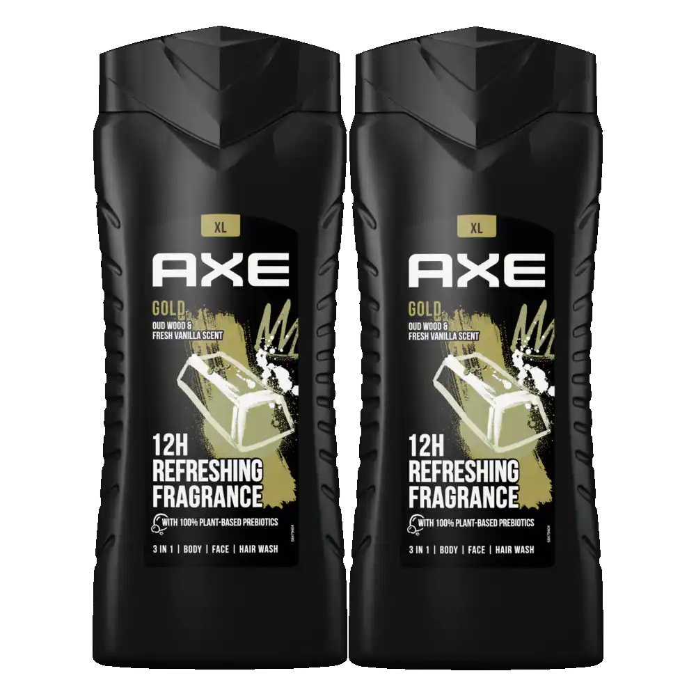 Axe Πακέτο Προσφοράς Gold 3 in 1 Shower Gel Ανδρικό Αναζωογονητικό Αφρόλουτρο Ιδανικό για Πρόσωπο, Σώμα & Μαλλιά 2x400ml 1+1Δώρο
