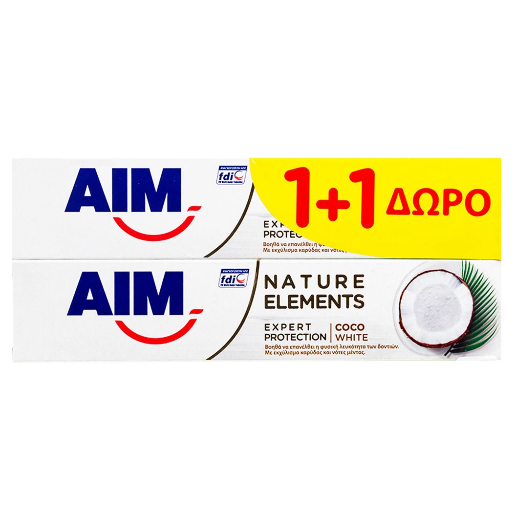 Aim Πακέτο Προσφοράς Natural Elements Expert Protection Coco White Λευκαντική Οδοντόκρεμα με Καρύδα 2x75ml 1+1 Δώρο