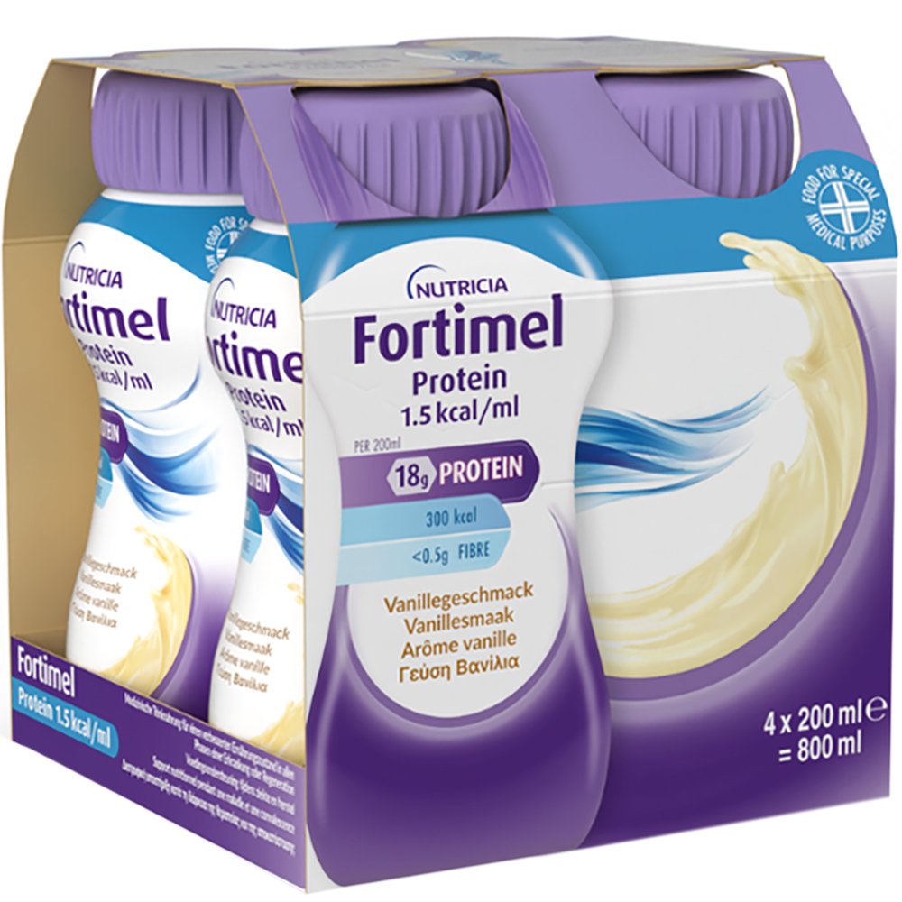 Nutricia Nutricia Fortimel Protein 1,5 kcal/ml Vanilla Πόσιμο Θρεπτικό Σκεύασμα Πλούσιο σε Πρωτεΐνες, Μέταλλα & Ιχνοστοιχεία για την Αντιμετώπιση Προβλημάτων Υποσιτισμού & Δυσθρεψίας που Σχετίζονται με Ασθένεια με Γεύση Βανίλια 4x200ml