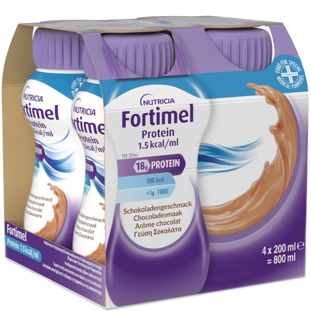 Nutricia Fortimel Protein 1,5 kcal/ml Chocolate Πόσιμο Θρεπτικό Σκεύασμα Πλούσιο σε Πρωτεΐνες, Μέταλλα & Ιχνοστοιχεία για την Αντιμετώπιση Προβλημάτων Υποσιτισμού & Δυσθρεψίας που Σχετίζονται με Ασθένεια, με Γεύση Σοκολάτα 4x200ml