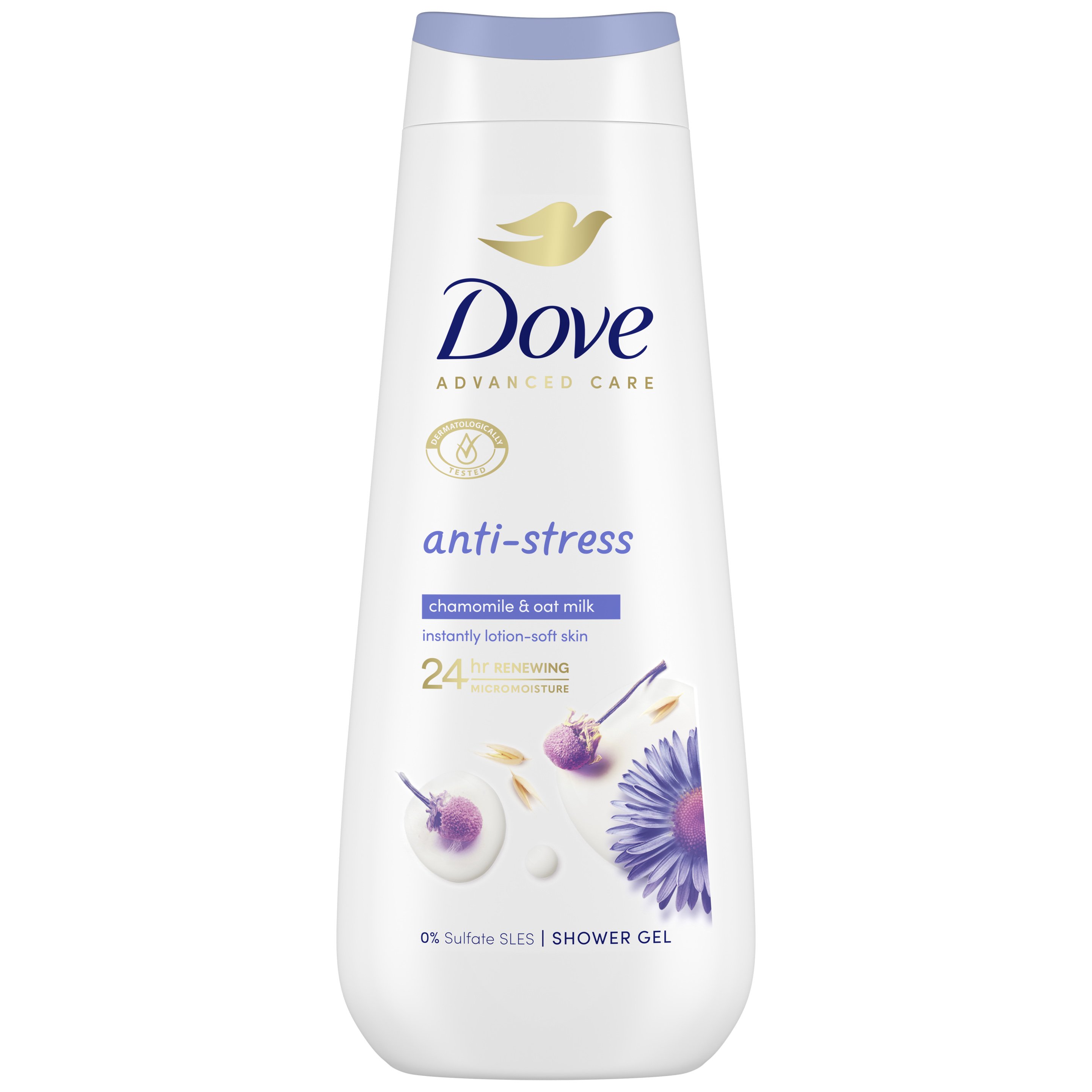 Dove Dove Advanced Care Anti-Stress Shower Gel Ενυδατικό Αφρόλουτρο για Απαλό & Βαθύ Καθαρισμό του Δέρματος με Χαμομήλι & Γάλα Βρώμης 600ml