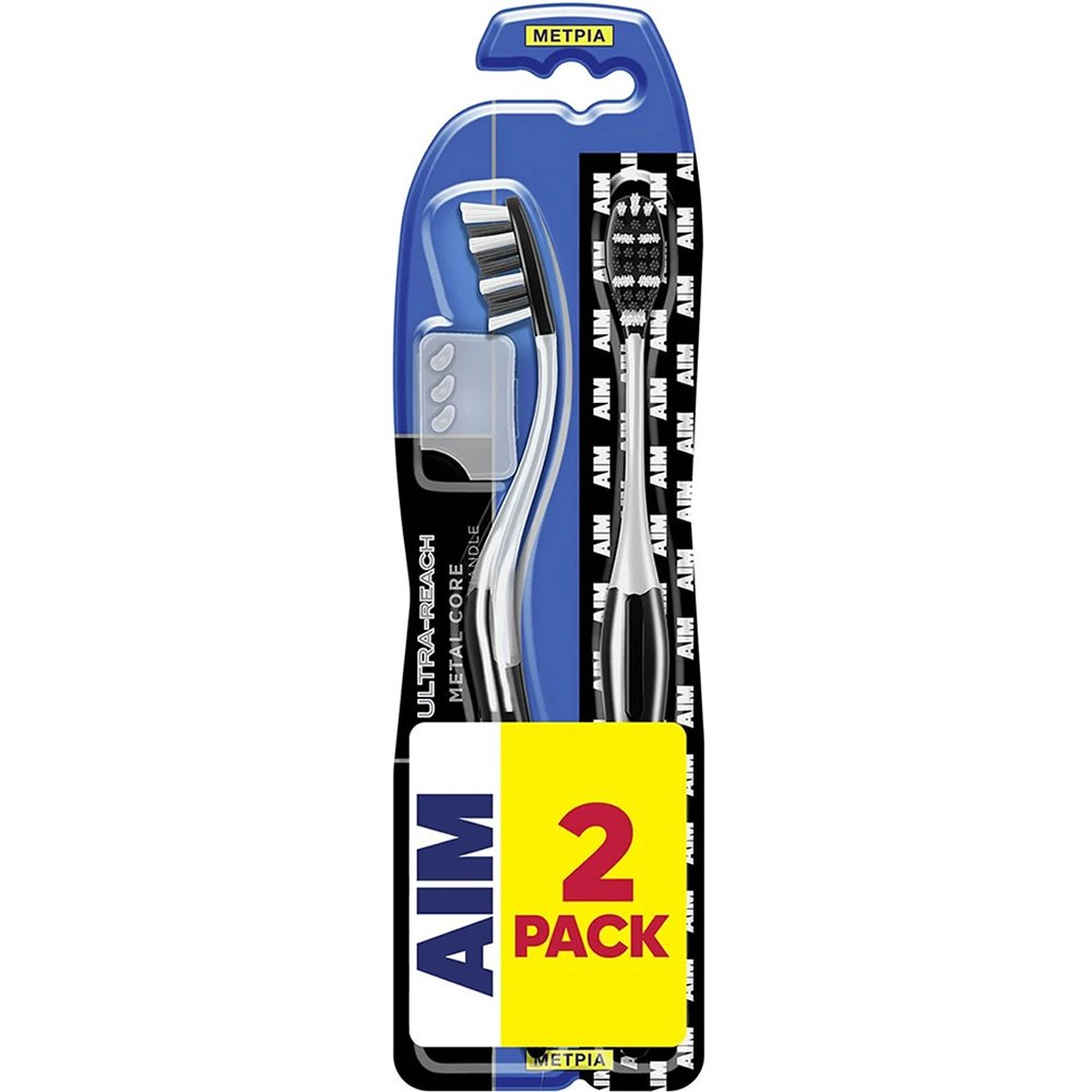 AIM Promo Ultra Reach Metal Core Medium Toothbrush Οδοντόβουρτσα με Συμπαγή Κεφαλή, Μακρύ Λαιμό & Μέτριας Σκληρότητας Ίνες για τα Βαθύ Καθαρισμό & στα Δύσκολα Σημεία 2 Τεμάχια - Μαύρο / Άσπρο