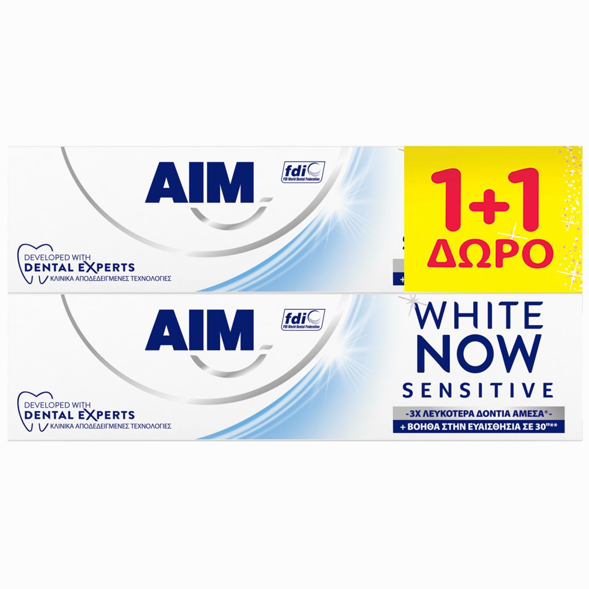 Aim Πακέτο Προσφοράς White Now Sensitive Toothpaste 2x75ml,Οδοντόκρεμα για 3 Φορές Λευκότερα Δόντια & Άμεση Ανακούφιση από την Ευαισθησία σε 30″